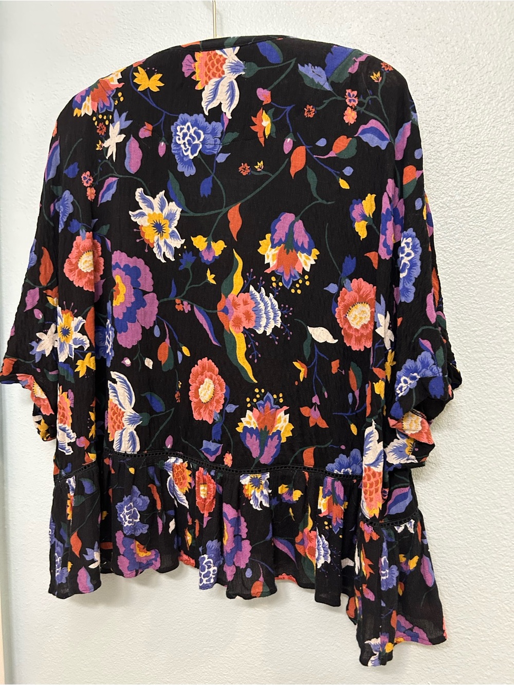 Anthropologie Black Floral Ruffle-Hem Tunic with Multicolor Blooms